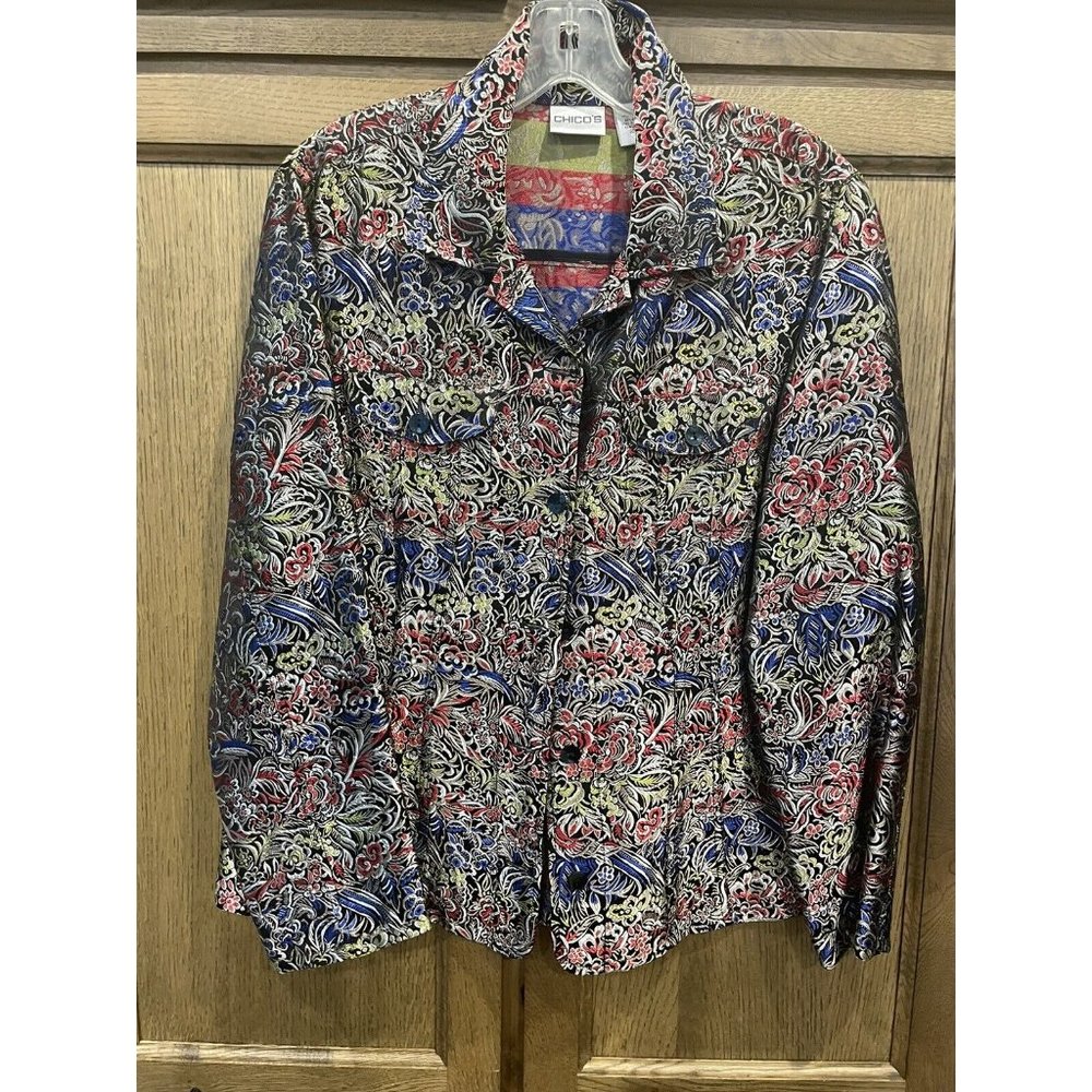 Chico's Jacket Sz 1 (8-10) Art Rayon Silk Red Blue Silver Flowers Lightweight